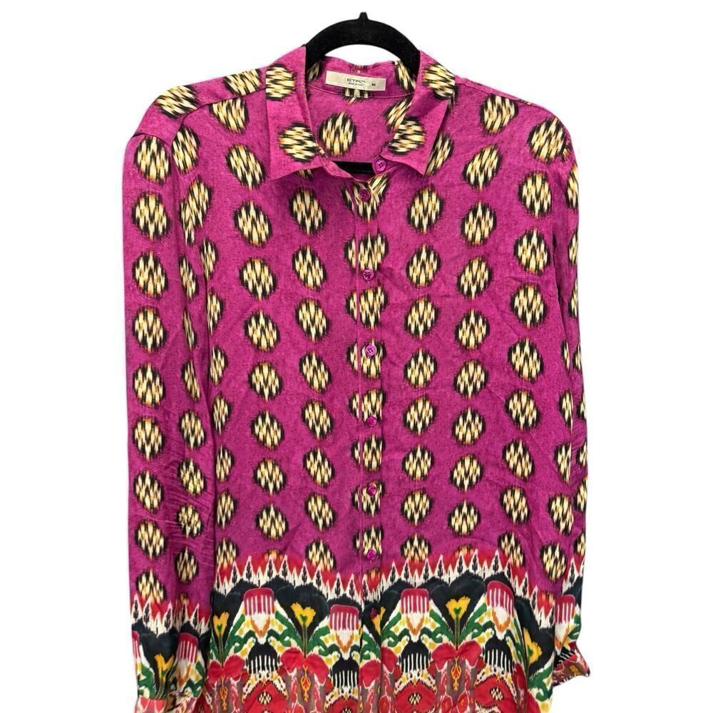 Etro 100% Silk Button-Up Blouse Pink Ikat Print Size US 10 (IT 46) - Picture 4 of 15